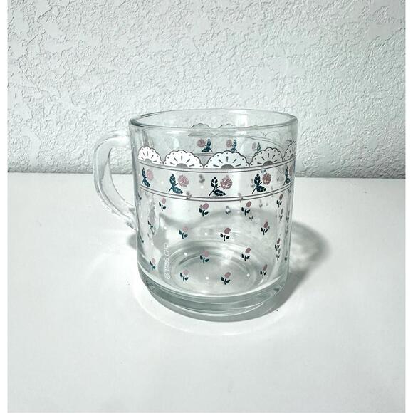 Anchor Hocking Other - Vintage Anchor Hocking Clear Mug Glass Pink Roses Lace Design Floral with Handle